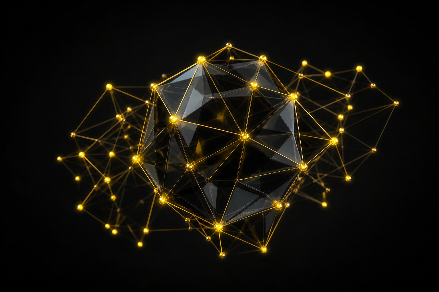 Abstract glass geometry connected by teal AI network filaments
