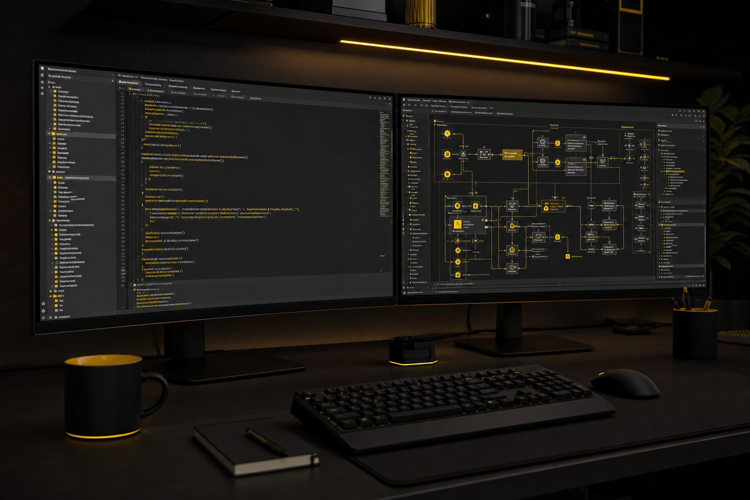 Dual monitors displaying code and system architecture diagrams